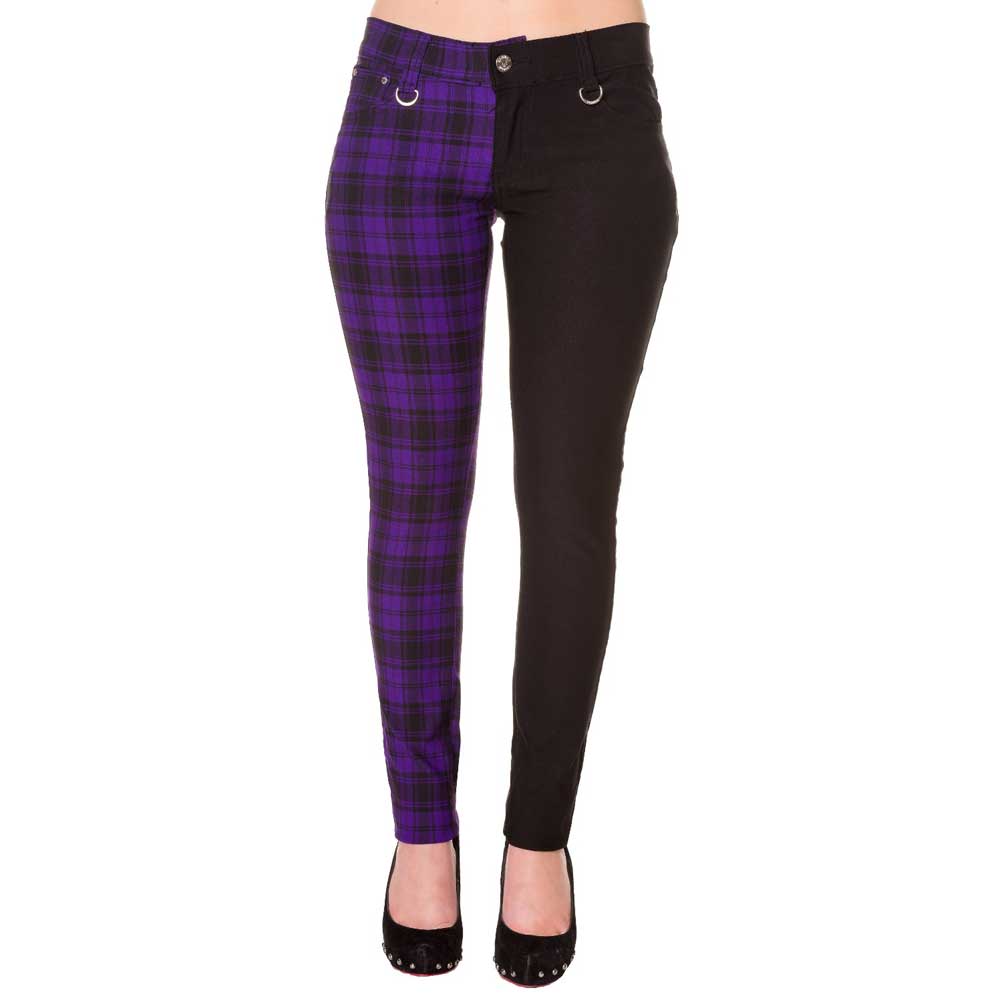 Banned - HALF BLACK HALF CHECK Skinny fit broek - Zwart/Paars